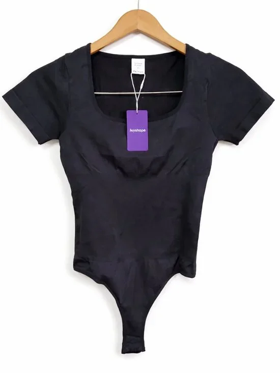 HEYSHAPE HEY SHAPE NWT Square Neck Bodysuit SS One Piece Stretch Black Womens XL - Picture 1 of 12